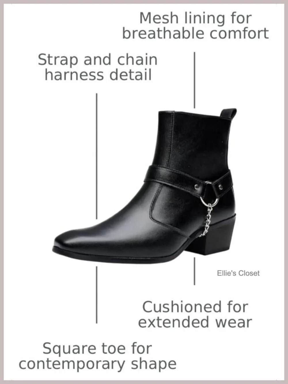 Men's Harness Chelsea Boots Faux Leather Square Toe Side Zipper Ankle